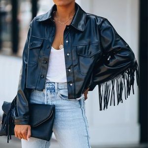 CROPPED FRINGE FAUX LEATHER JACKET